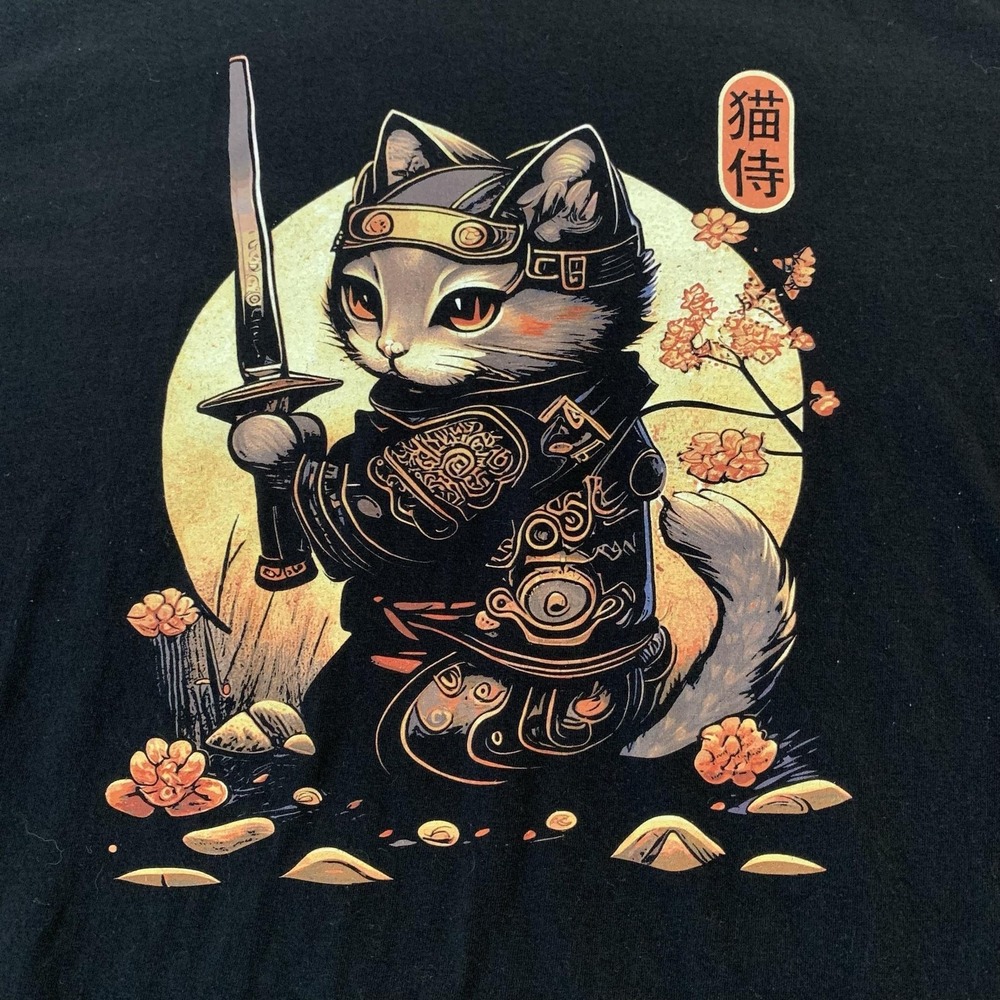 Gildan Samurai Cat Shirt Womens 2XL Black Graphic Anime Japan Tee Softstyle